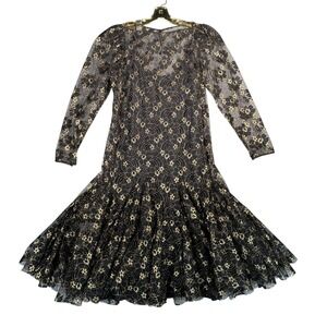 Vintage Elegant Black Gold Lace Long Sleeve Maxi Dress Glam Evening Party